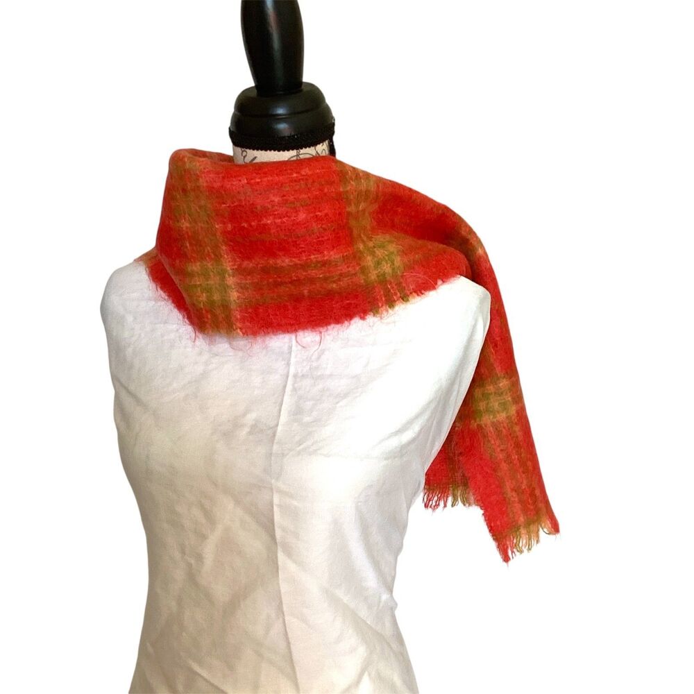 Bloomingdale's Heather-Brae Mohair Wool Scarf Orange Plaid Vintage 60s